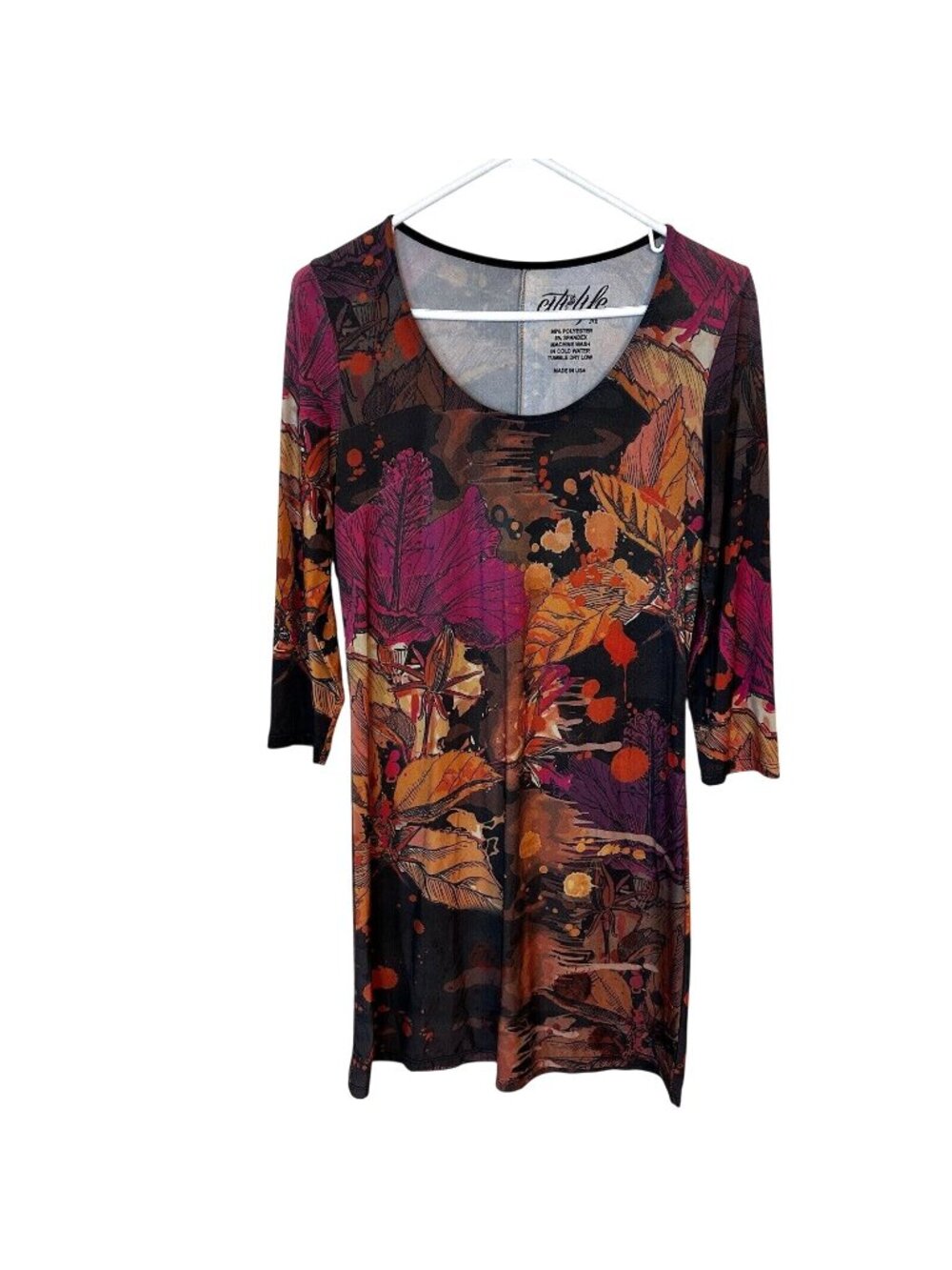 Womens Mini Dress Fall Tones 3/4 Sleeve Medium Citi Life Scoop Neck Floral